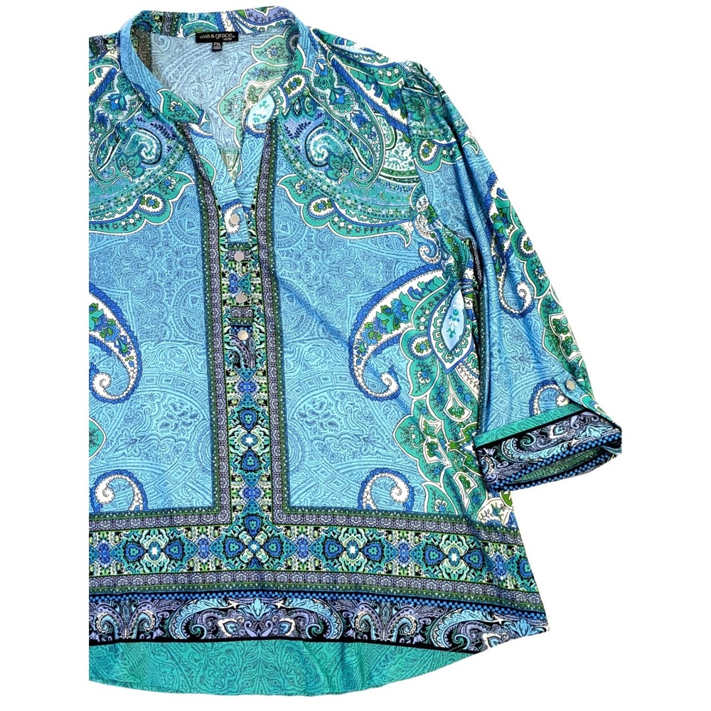 Ava & Grace Petite Blue Green Paisley 3/4 Sleeve Tunic Blouse PXL